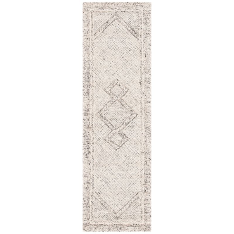 Ivory and Grey Handmade Wool Abstract Runner Rug