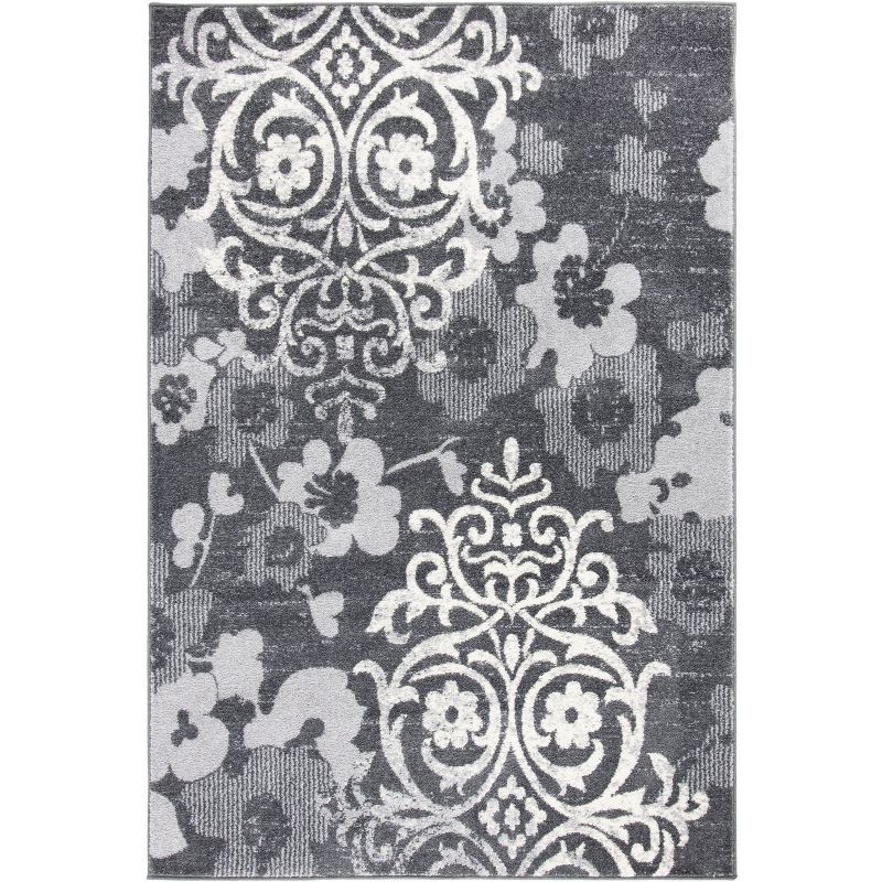 Charcoal and Ivory Floral Damask 6' x 9' Area Rug