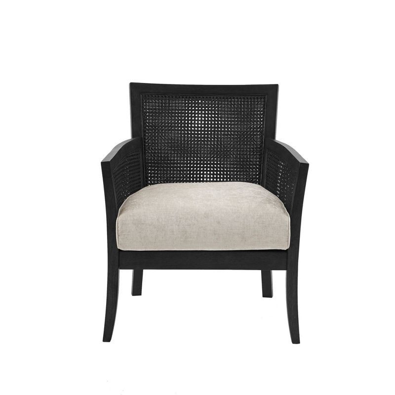 Black Cane and Beige Upholstered Accent Chair with Dark Wood Frame