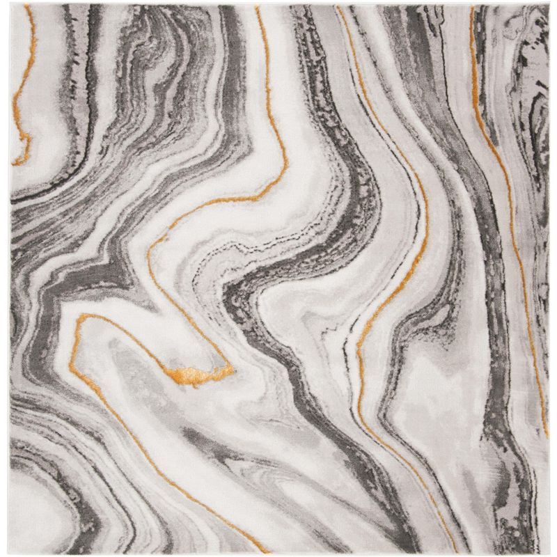 Grey and Gold Abstract Square Synthetic Area Rug