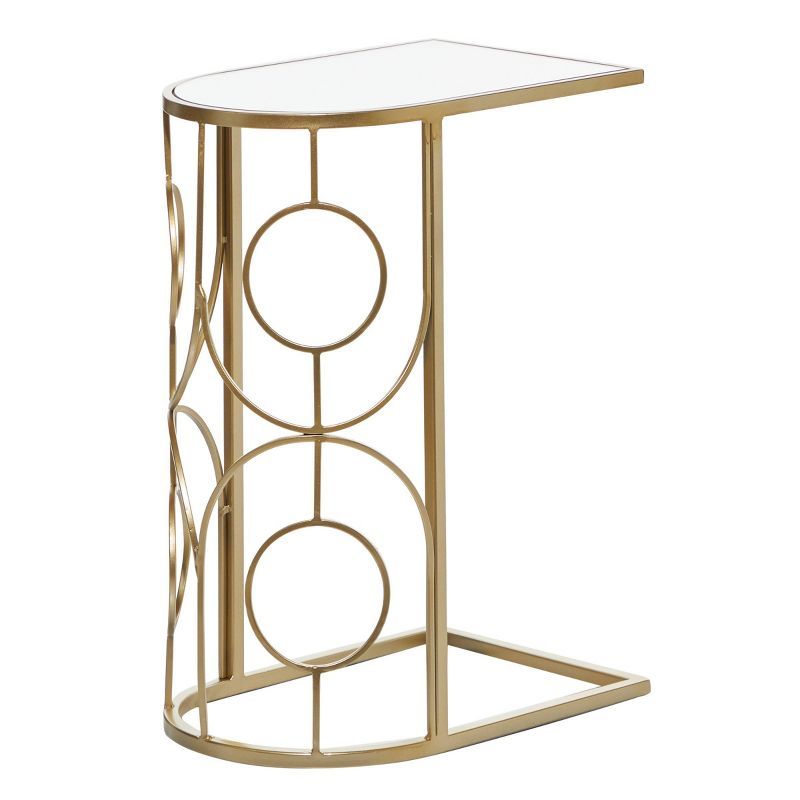 Gold Metal and Mirrored Glass C-Shaped Accent Table