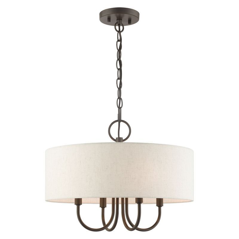 Mini Bronze Drum 4-Light Pendant Chandelier with Oatmeal Shade