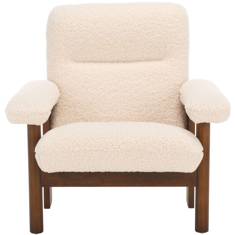 Cream Faux Shearling and Brown Wood Accent Chair