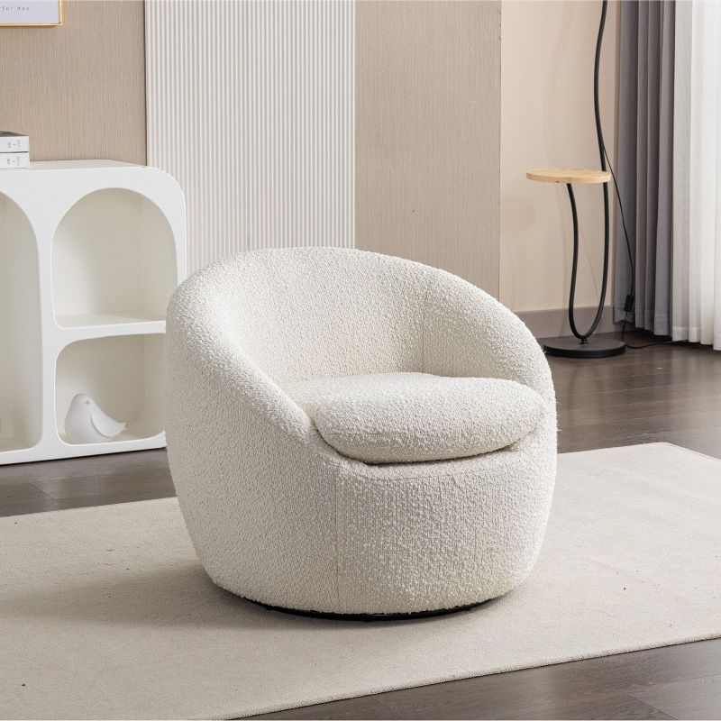 Winnie White Boucle Fabric Swivel Barrel Accent Chair