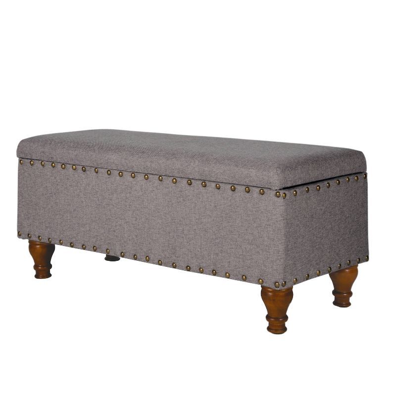 Espresso-Finished Solid Wood Large Storage Bench with Gray Chenille Upholstery