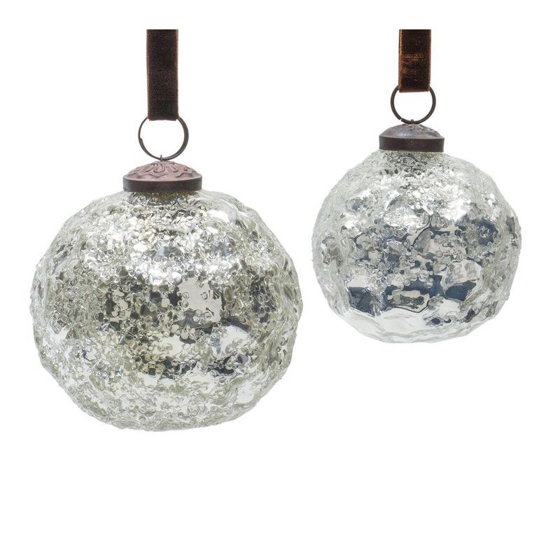 Silver Mercury Glass Ball Ornaments Set with Velvet Ribbon