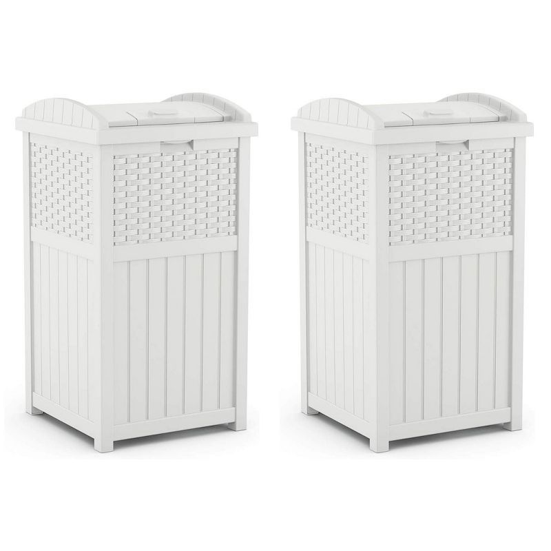 White Wicker Resin Outdoor Hideaway Trash Can Bin with Latching Lid, 33 Gallon, Set of 2