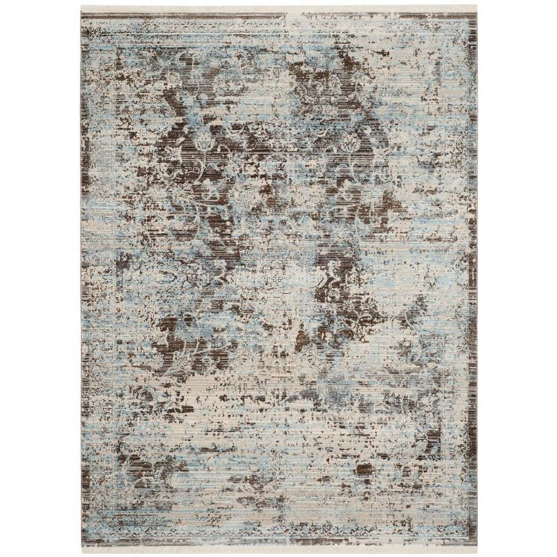 Vintage Light Blue and Brown Rectangular Synthetic Rug, 5' x 7'