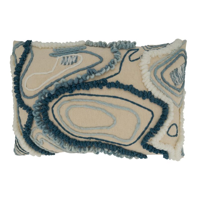 Blue and Beige Rectangular Embroidered Throw Pillow