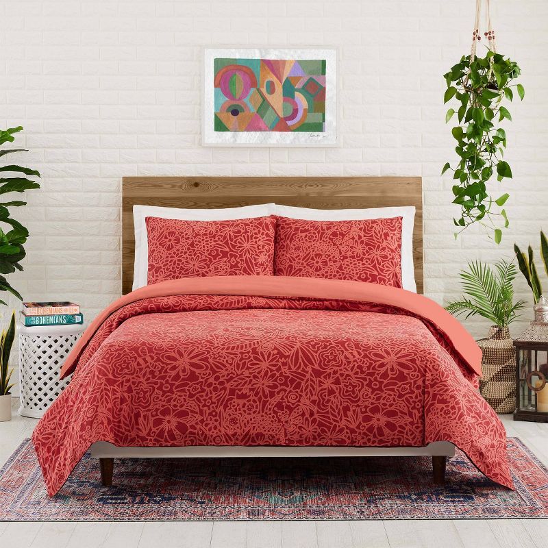 Red Cotton King Boho-Chic Duvet Cover Set