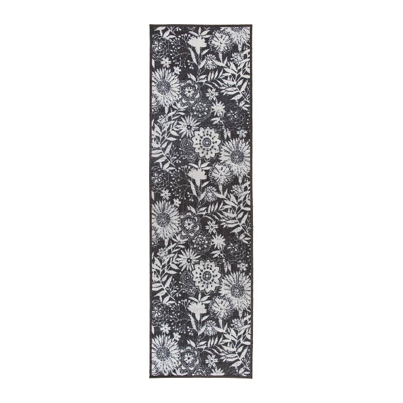 Gray Floral Flat Woven Reversible Indoor/Outdoor Rug