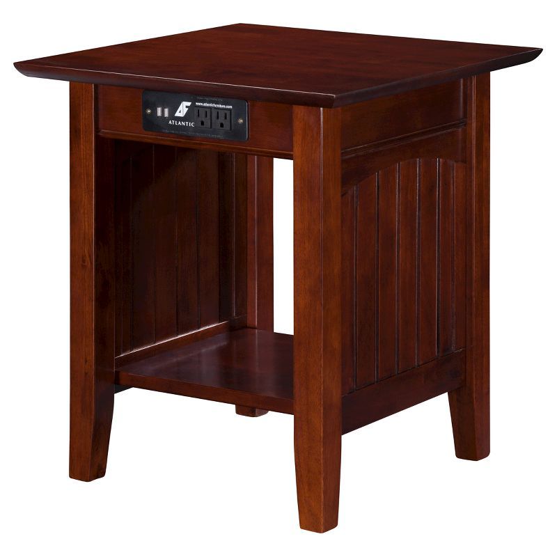 Walnut Rectangular Wood End Table with USB Charging Ports