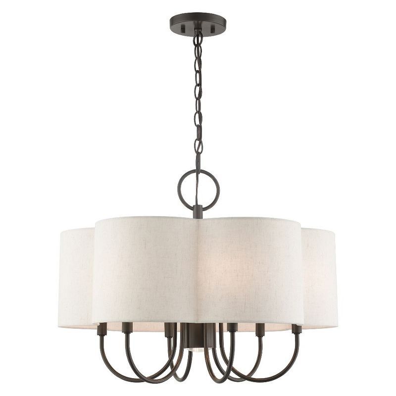 Elegant Solstice English Bronze 7-Light Chandelier with Oatmeal Shade