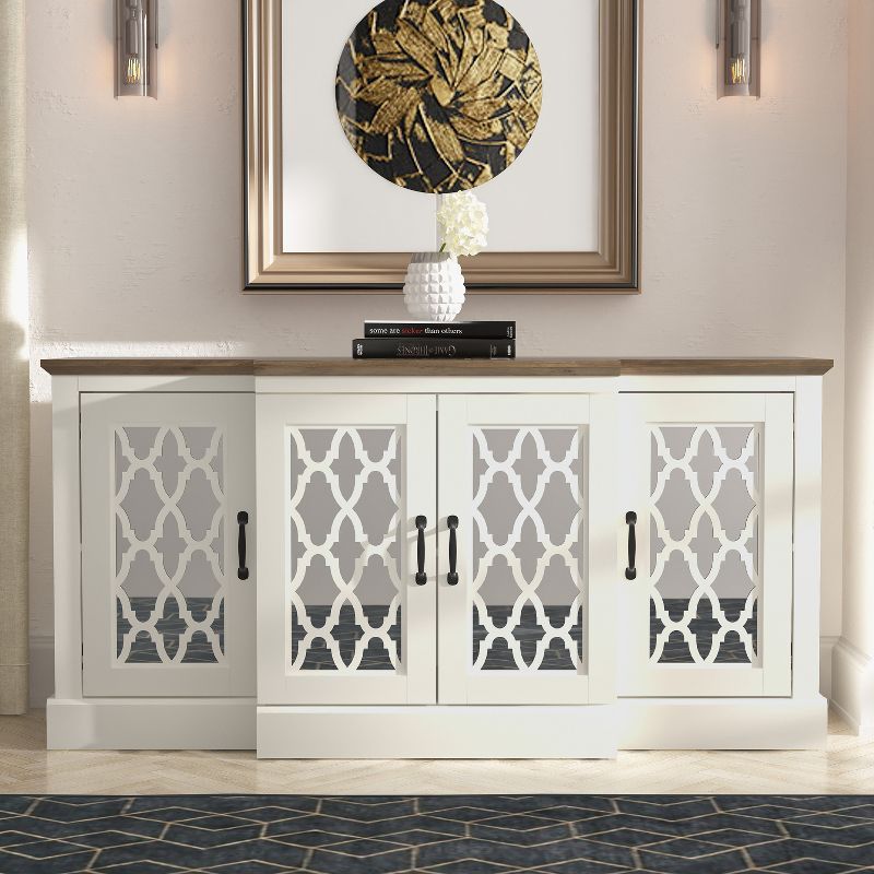 Heron Ivory and Oak 59.1in 4-Door Sideboard with Acrylic Mirror