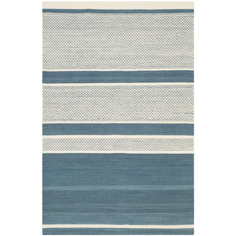 Bohemian Blue Ivory Wool Kilim 4' x 6' Handwoven Area Rug