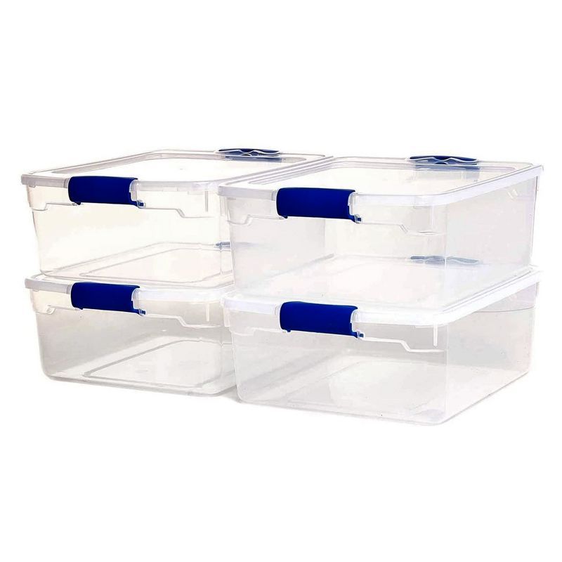 Clear Plastic Stackable Lidded Storage Boxes, 31 Quart, 4 Pack