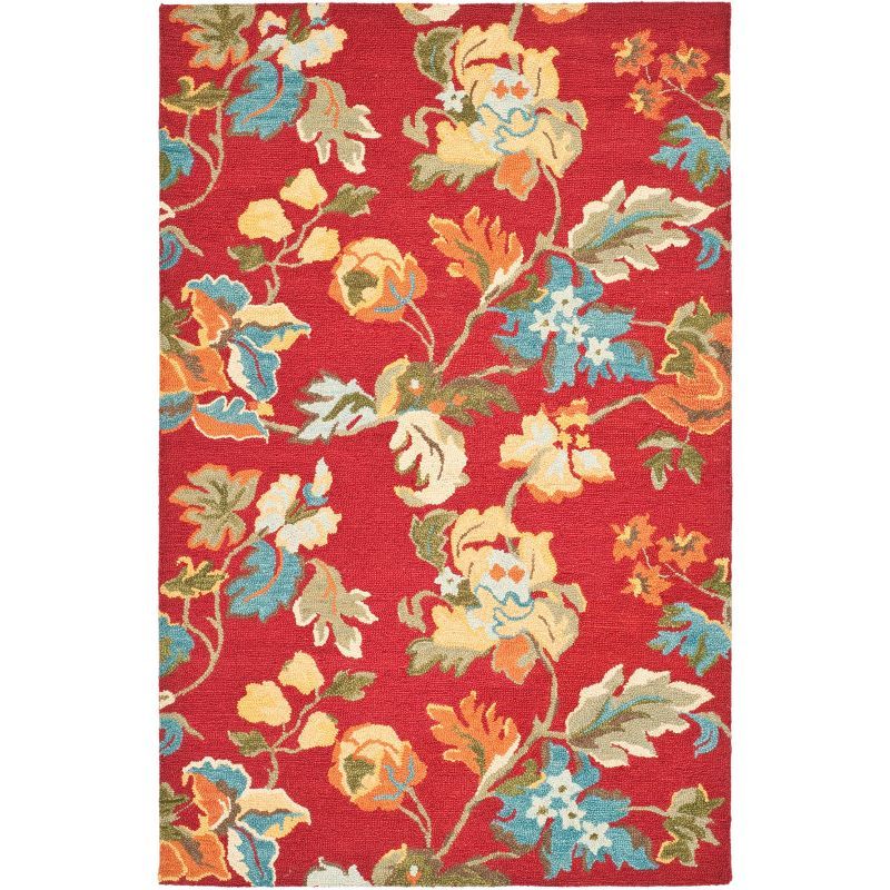 Handmade Red Floral Wool Area Rug, 5' x 8'