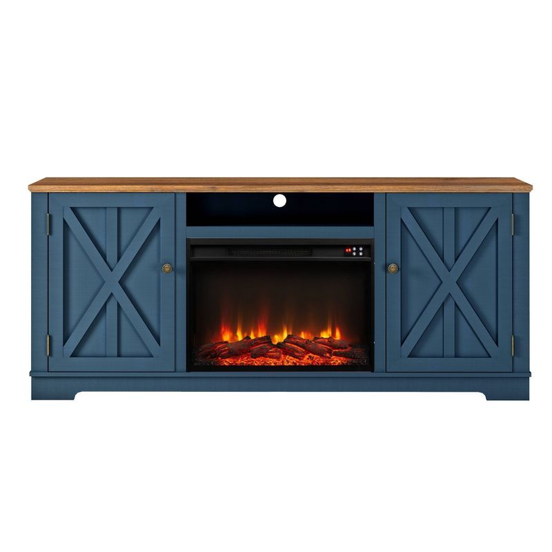 Navy Farmhouse TV Stand with Electric Fireplace and Cabinets