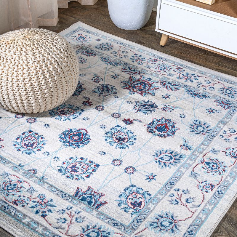 Ivory and Blue Floral Synthetic 5' Square Rug