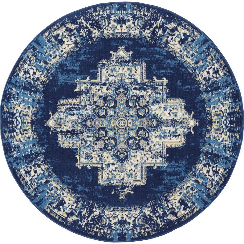 Navy Blue Round Medallion Synthetic Traditional Rug