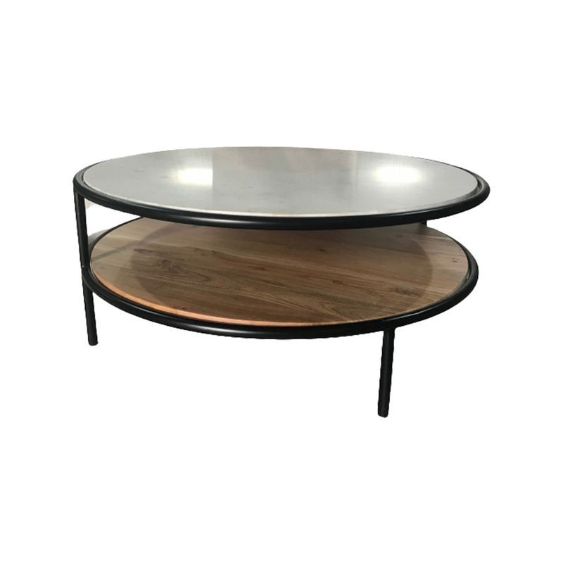 34" Round Brown Wood and White Marble Coffee Table