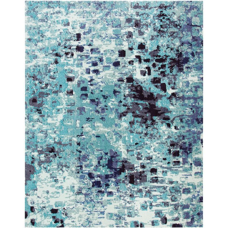 Turquoise and Navy Abstract Synthetic 8' x 10' Area Rug