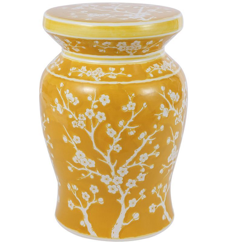 Yellow Ceramic Cherry Blossom Garden Stool 17.75"