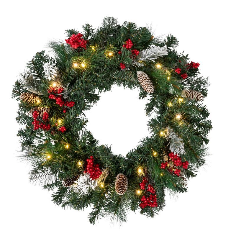 24" Pre-lit Pine Christmas Wreath with Pinecones and Berries