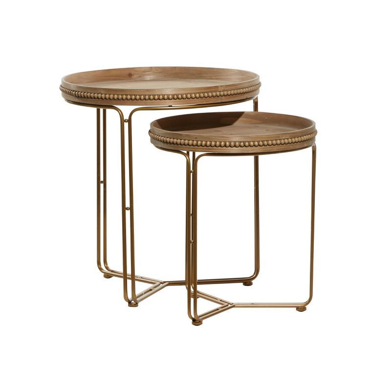 Round Light Brown Wood and Gold Metal Nesting Tables Set