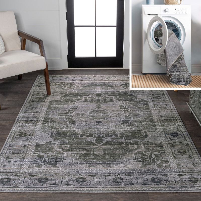 Alanya Dark Green and Gray Washable Synthetic Medallion Rug 4' x 6'