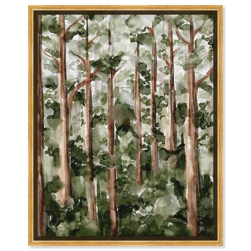 Wild Forest Green and Brown Canvas Landscape Art with Gold Frame