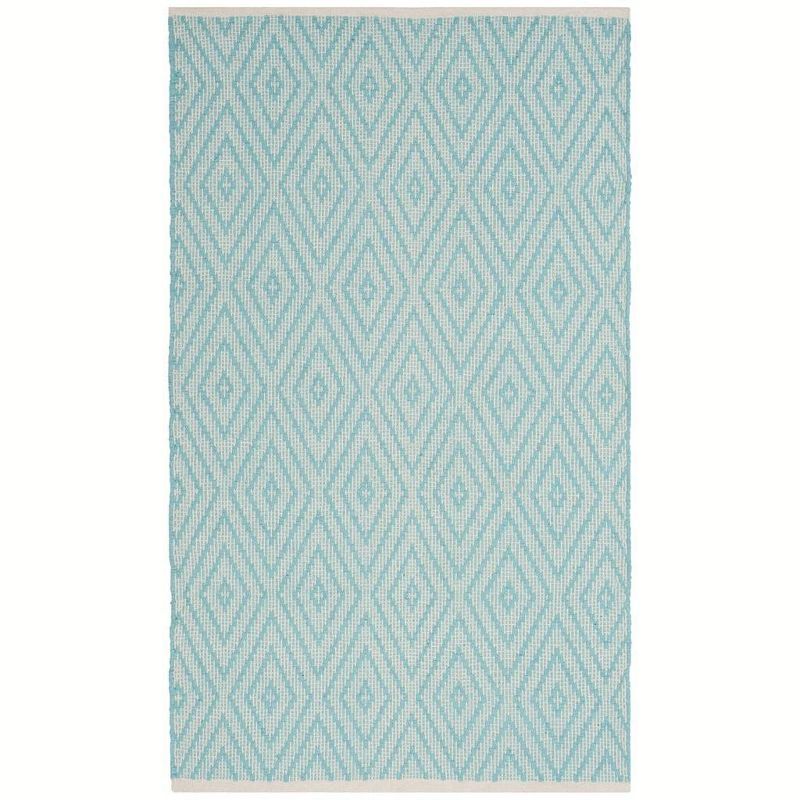 Turquoise and Ivory Geometric Cotton 4' x 6' Area Rug