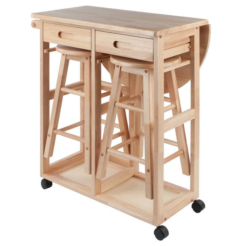 Light Wood Folding Table with 2 Stools and Wheels