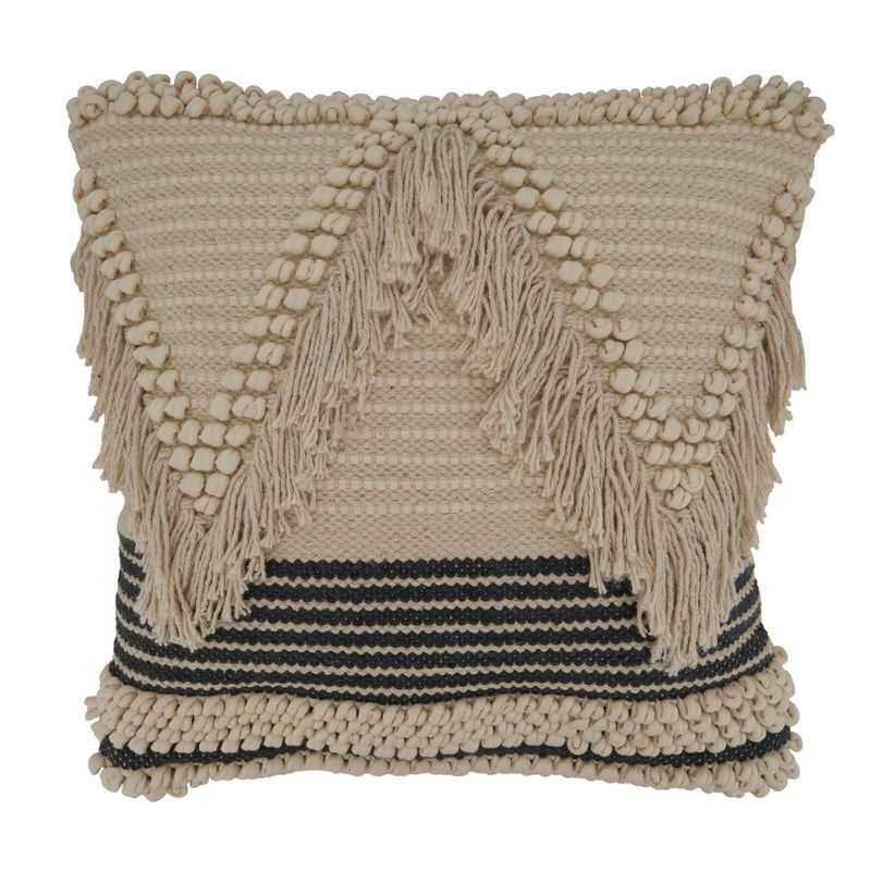 23" Beige Cotton Woven Fringe Square Throw Pillow