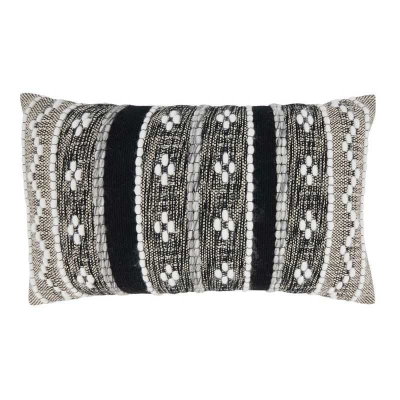 Black and White Rectangular Cotton Throw Pillow with Multi-Pattern