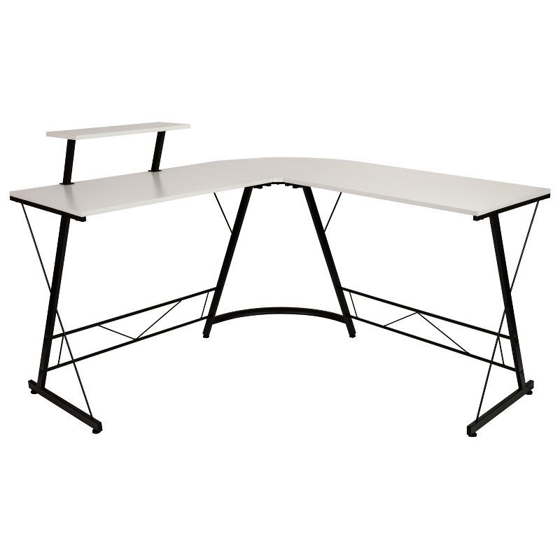 Sleek 71.5" White Laminate and Black Metal L-Shaped Gaming Desk with Monitor Stand