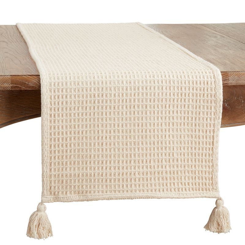 Beige Cotton Waffle Weave Table Runner with Tassels