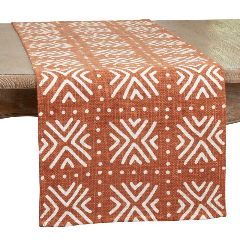 Terracotta Cotton Mudcloth Table Runner with Geometric Pattern