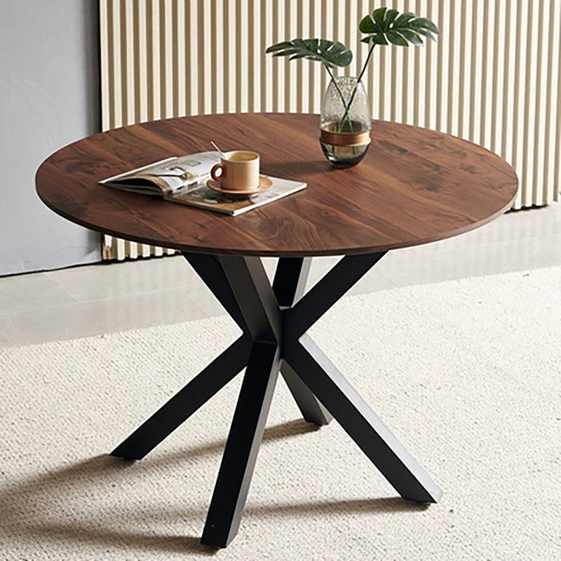 Mid-Century Modern Round Brown MDF Dining Table with Black Metal Legs