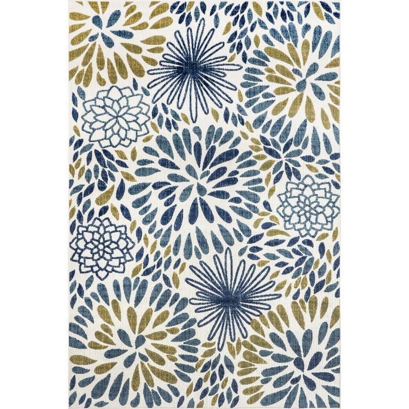 Teal and Ivory Floral Synthetic 5' x 8' Area Rug