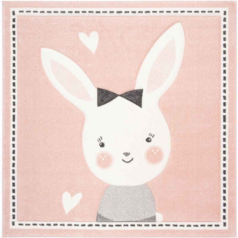 Pink and Ivory Square Kids Non-Slip Bunny Rug