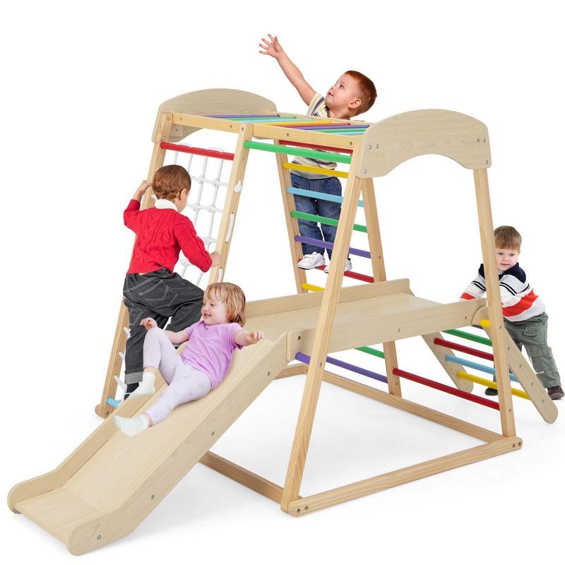 Multicolor Natural Wood 6-in-1 Indoor Jungle Gym with Slide