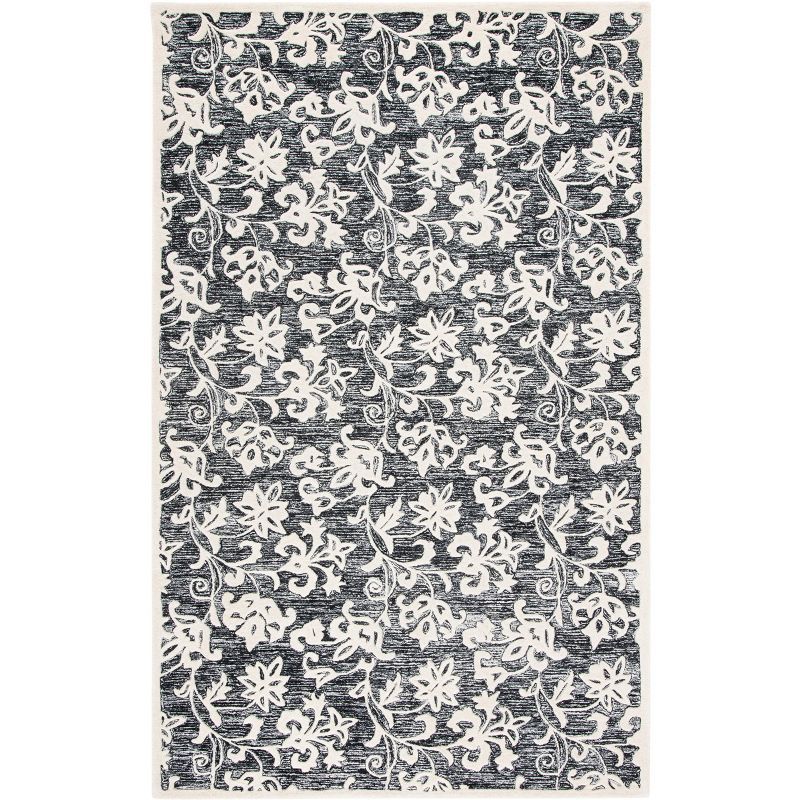 Black and Ivory Floral Hand-Tufted Wool 4' x 6' Rug