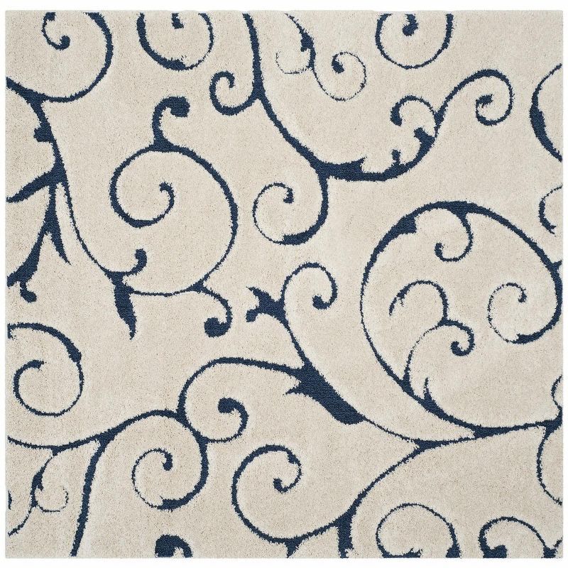 Cream and Blue Floral Shag Square Area Rug