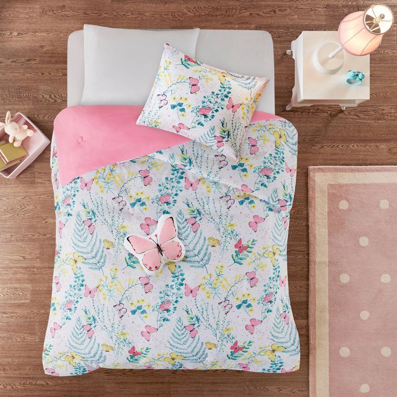 Full Pink Microfiber Butterfly Comforter Set with Decorative Pillow