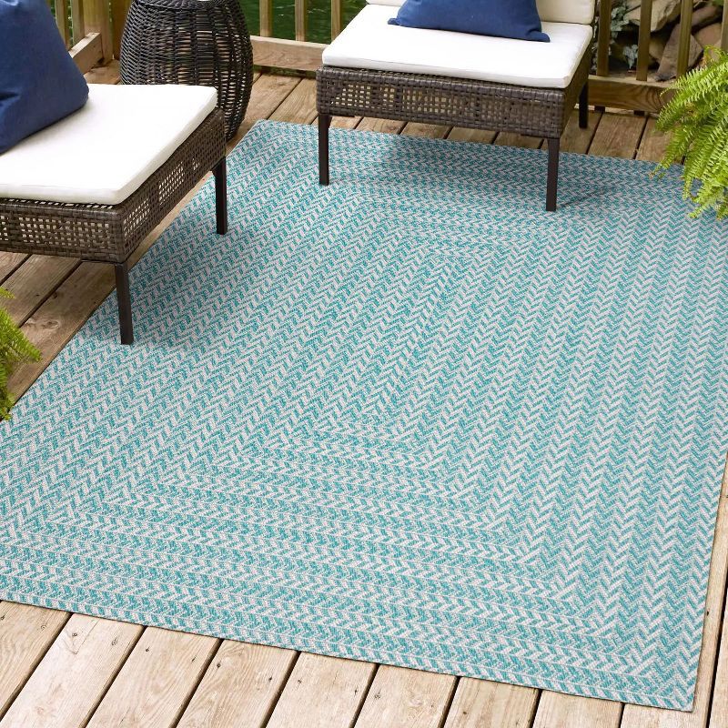 Aqua and Light Gray Geometric Synthetic 3x5 Indoor/Outdoor Rug