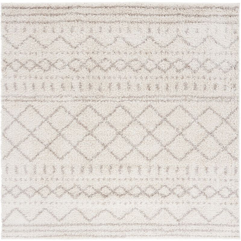 Ivory Beige Hand-knotted Square Shag Rug, 5'1"