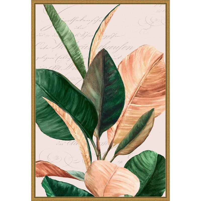 27" x 19" Green and Pink Leaf Canvas Print with Gold Frame