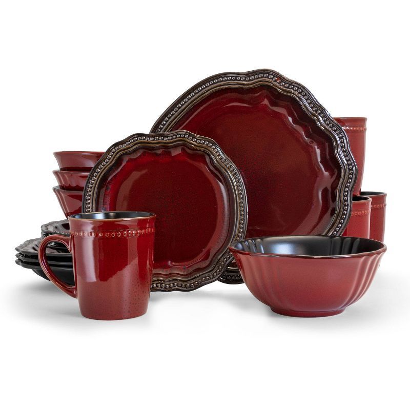 16-Piece Red Stoneware Dinnerware Set with Reactive Glaze