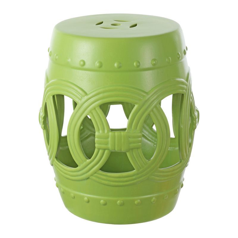 Matte Green Ceramic Drum Garden Stool with Lucky Coins Design